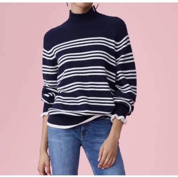 $295 Rebecca Taylor Women Sz XS Navy Blue Striped Merino Wool Turtleneck Sweater - Picture 7 of 13